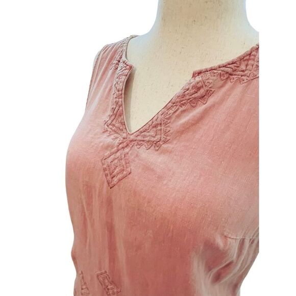 Artisan NY Coral Embroidered Linen Dress Size Medium Boho Peasent Shift Mini - Picture 5 of 12